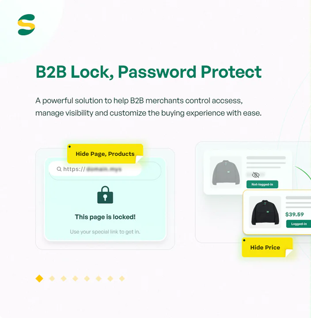 B2B Lock app interface developed for the Shopify App Store, showing features for hiding pages and prices to customize the wholesale buying experience.
