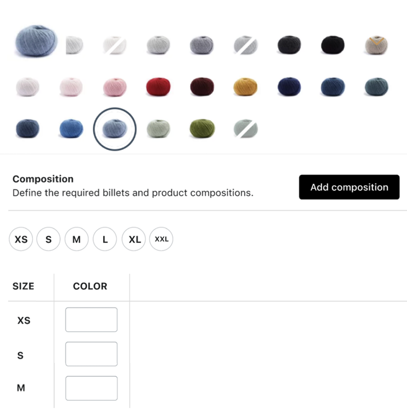 Case study of a custom Shopify product configurator for complex variants, showing color swatches and composition management for textile manufacturing.