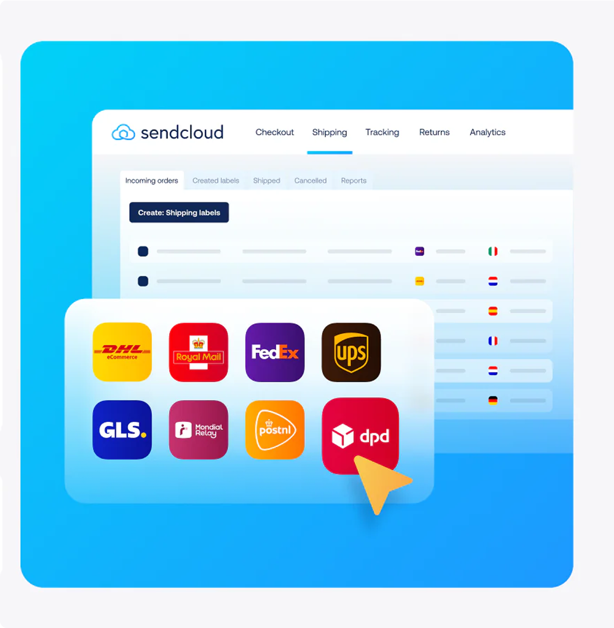 Case study of a Shopify enterprise integration for Sendcloud, featuring a shipping dashboard with automated carrier connections to DHL, FedEx, UPS, and DPD.